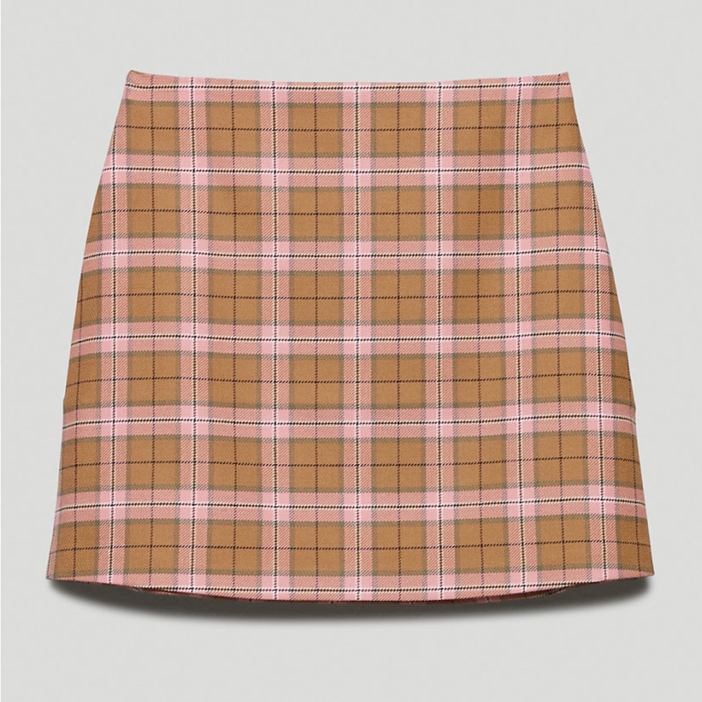 Aritzia • Wilfred Plaid Tan and Pink Women's Mini Skirt • Sz 4